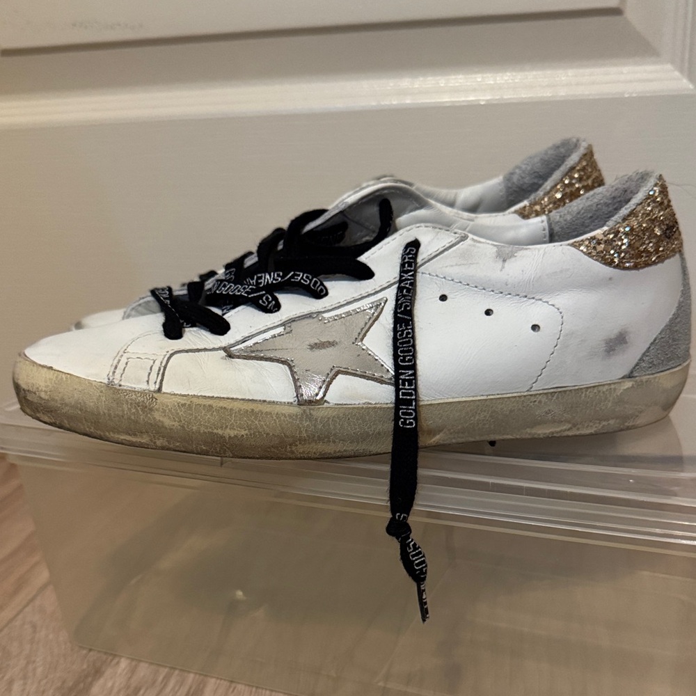 Authentic Golden Goose White Sneakers with Gold and Silver Accents size 38